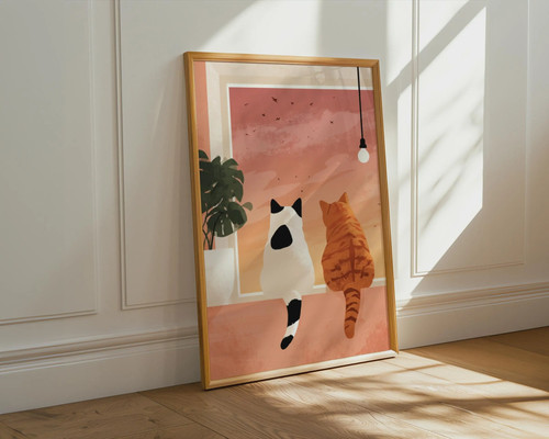 Two cats watching sunset - watching,