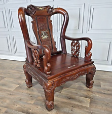 Antique Chinese Oriental Carved Heavy Rosewood Throne Arm Chair Mother Of Pearl