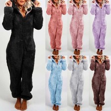 Womens Teddy Bear Fluffy Fleece Hooded 1Onesie Jumpsuit Pajamas Romper Playsuit