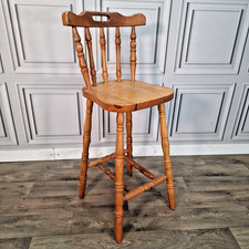 Vintage Wooden Bar Stool – Turned Rustic Pine Kitchen Breakfast Tall Chair Retro