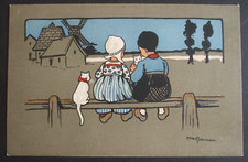 Old ETHEL PARKINSON art DUTCH CHILDREN WHITE CATS KITTENS CAT RED BOW HOLLAND