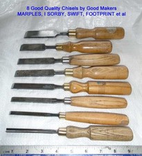 Vintage OCTET of Assorted Firmer Chisels Etc by Good Makers, all clean Old Tool