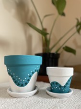 Set of Two Plant Pots with Saucer - Hand Painted