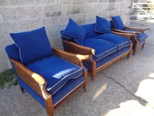 ANTIQUE BERGERE 3 PIECE SUITE,  WALNUT FRAME, NEWLY  RECOVERED.