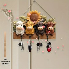 WOODEN Highland Cow Key Holder Storage Hooks Wall Hanging Rack Shabby Chic Gift