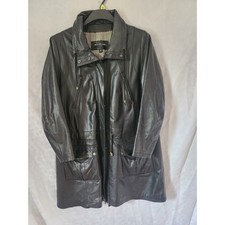 Vintage Woodland Leather Black Real Leather Jacket Knee Length UK 18
