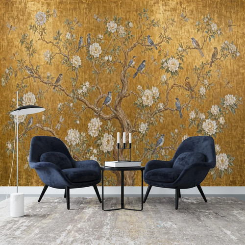 Golden peony bird tree - golden,