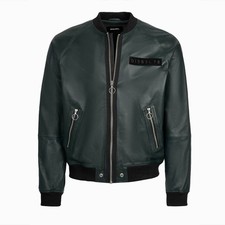 Diesel L-Pins-A Forrest Green Leather Bomber Jacket, XL