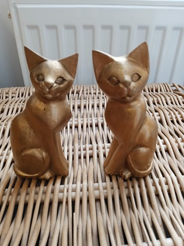 Pair hand carved wooden cats - pair,