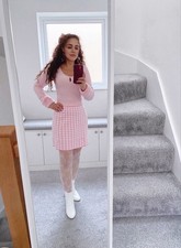 Cute Houndstooth Knit Mini Skirt in Baby Pink & White - Size M (10)