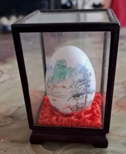 Vintage Hand Painted Decorative Oriental Real Egg In Glass Display Case