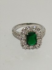 Ladies Solid Silver  Emerald & White Sapphire Halo Ring L And Half 