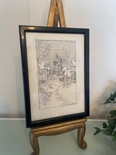 Antique 1930s Snow Landscape Ink Drawing Original Art Deco Period Framed Signed