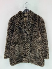 St Michael Brown Leopard Print Faux Fur Coat Vintage Button Soft UK 12