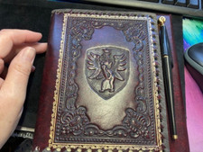 Vintage Lion Crest Tooled Leather Address Book, Notepad, pen desk set 1970s era