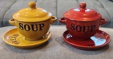 Red & Mustard Lidded Soup Bowls & Plates Rustic Retro Kitchenware
