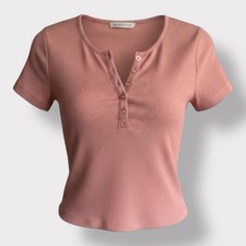 Pink Rose Crop Top, Ribbed, Henley, Size M, Color Pink