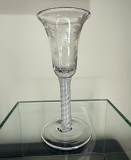 18th Century Opaque Twist Etched Wine Glass, Bird Grapes Vine - 15.3cm