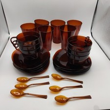 Vintage Retro 1970 K V Wooster Translucent Amber Plastic Picnic Set Cups Saucers