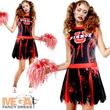 Zombie Cheerleader Ladies Halloween Fancy Dress Womens Adults Costume + Pom Poms