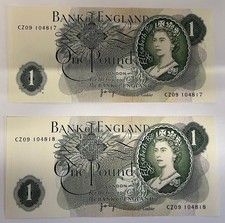 2x Uncirculated Old One Pound Notes Consecutive Serial Numbers