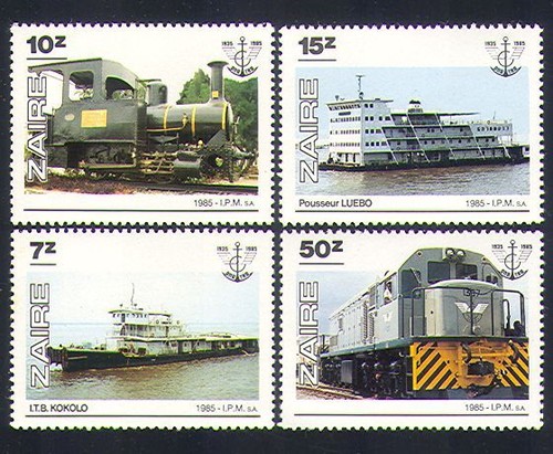 Zaire 1985 ships trains steam - zaire,