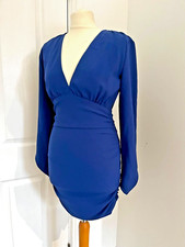 Zara Ruched Cobalt Blue V Neck Long Sleeve Mini Christmas Party Dress Size S 8