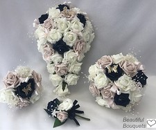 Wedding Flowers Ivory Rose Crystal Bouquet, Bride, Bridesmaid, Flower-Girl Wand