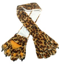 Animal Plush Faux Fur Bear Tiger Leopard Print Paws Mittens Gloves Scarf Costume
