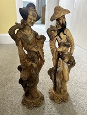 Pair Of Large Chinese Oriental Man & Woman Figurines Statues Resin Vintage - 15"