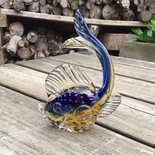 Vintage Murano Controlled Bubble Sommerso Blue & Yellow Glass Fish Ornament