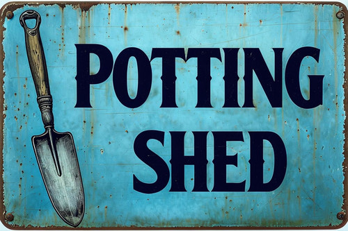 Potting shed metal - shed, sign