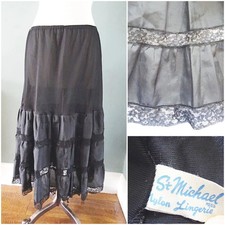 Vintage 1950s Petticoat St Michael Black Stiffened Nylon Lace Frill Ladies 50s