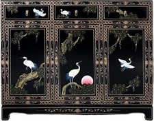 Oriental Chinese Black Lacquer Sideboard Cabinet with Hand Painted Cranes