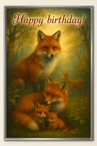 Fox with cubs birthday card - fox,