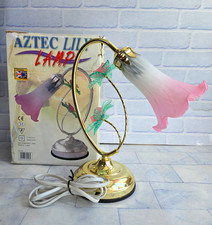 Double Lily Aztec Lotus Lamp Tiffany Vintage Glass Pink Flower Floral Green Peta