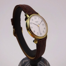 Tissot Watch T830/930 White Dial 27mm Gold Tone Date Round Brown Leather Ladies