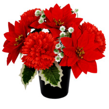 Christmas Red Carnation Grave Crem Cemetery Memorial Pot Silk Flower Insert Vase