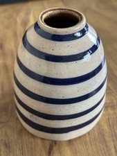 Modern Beige And Blue Striped Artesian Pottery Vase