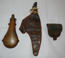 Civil War Era Hawksley C.S. Storms Army Powder Flask Leather Pouch 1860s 3 Items