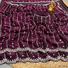 ORIGINAL BEADS SPACE SILK SAREE  WITH FULL WORKED BLOUSE MATERIAL (WINE COLOUR)