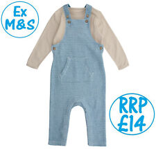 BABY BOYS DUNGAREE 2PC OUTFIT SET BODYSUIT EX M&S 0-36M BLUE STRIPE COTTON NEW