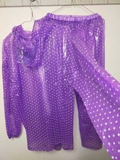 Soft purple PVC vinyl rainsuit translucent hooded jacket pants raincoat