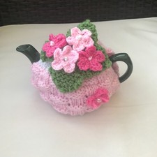 HAND KNITTED BASKET WEAVE TEA COSY FLOWERS/ BUTTERFLY/   SMALL POT  Pink