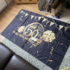 Happy 50th Birthday Banner Black Gold Fabric 6ft X 4.5ft