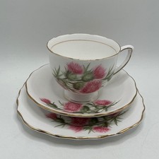 BONE CHINA COLCLOUGH PINK THISTLE TRIO TEA CUP + SAUCER + SIDE PLATE
