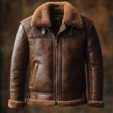 Men's RAF Brown Distressed Bomber Flying Aviator Fur Real Sheep Leather Jacket