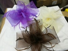 Job lot 3 x feather & Sinamay looped Fascinators new 9" purple cream brown