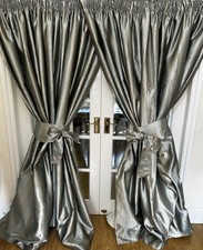 STUNNING BESPOKE MINK/ DUCK EGG FAUX SILK CURTAINS WITH BEAUTIFUL BOW TIEBACKS