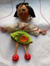 Vintage Pelham Puppet - Large Wooden Head Girl Felt  Black Hair patterned top